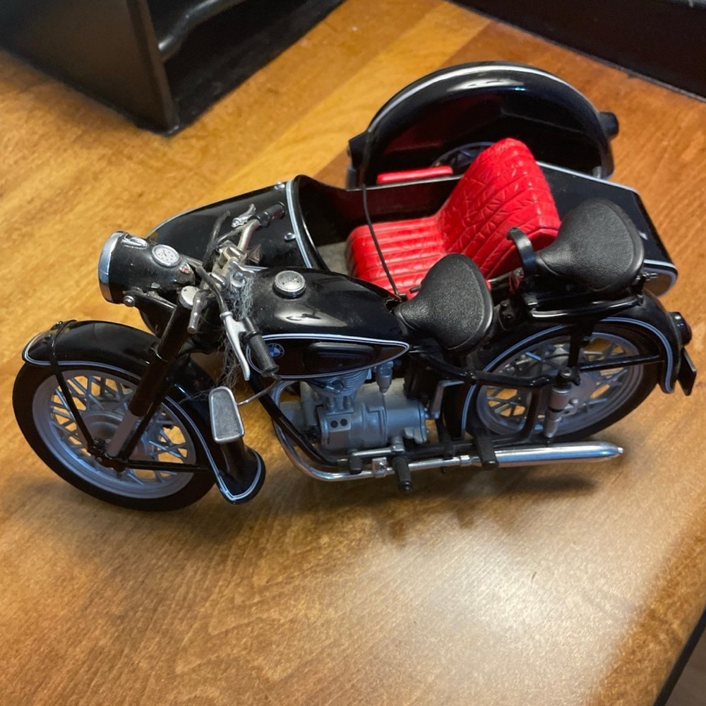 Classic Black and Red Toy Motorcycle with Sidecar